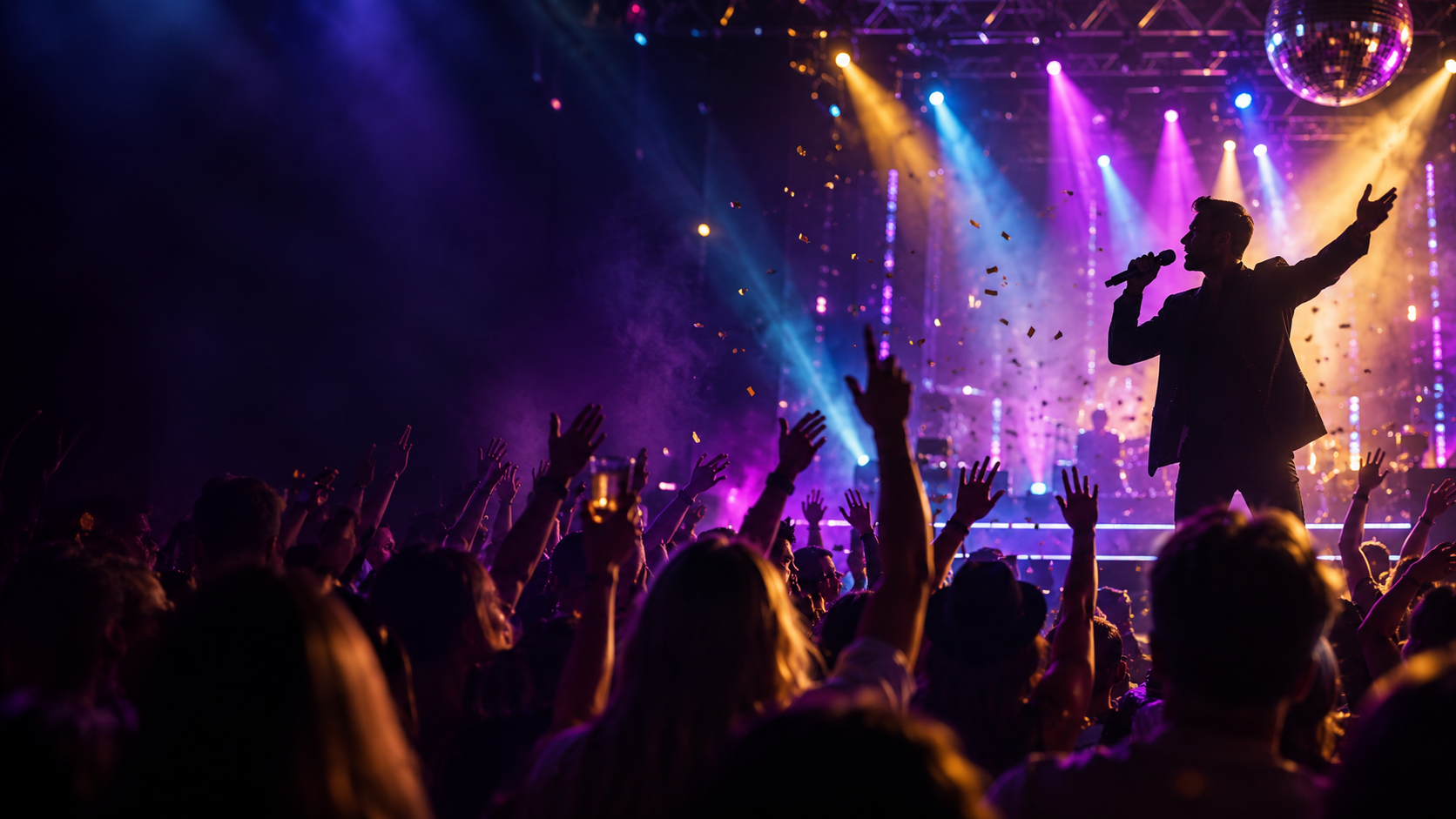 Een energieke karaokeavond met podium, zanger en feestend publiek